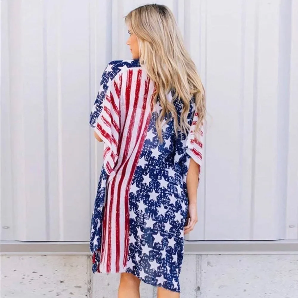 Kimono / shawl / cardigan red white & blue